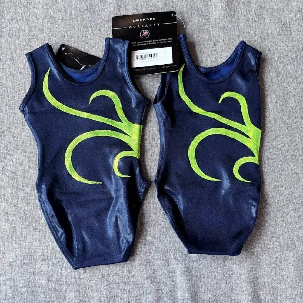 2 Pcs Obersee Girl's Gymnastics Leotards, Navy/Green Strands, Child XXS